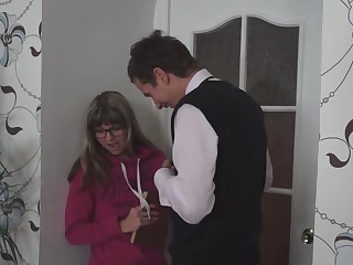 Nerdy Russian chick is giving head and convulsion she rides it